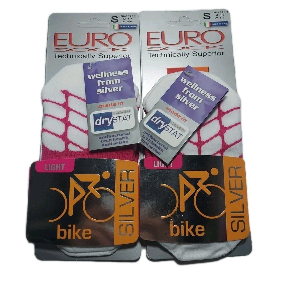 LOT OF 2 - Euro Unisex Size M 4-7, W 5-8 - Silver Bike Socks Light Cycle Quarter
